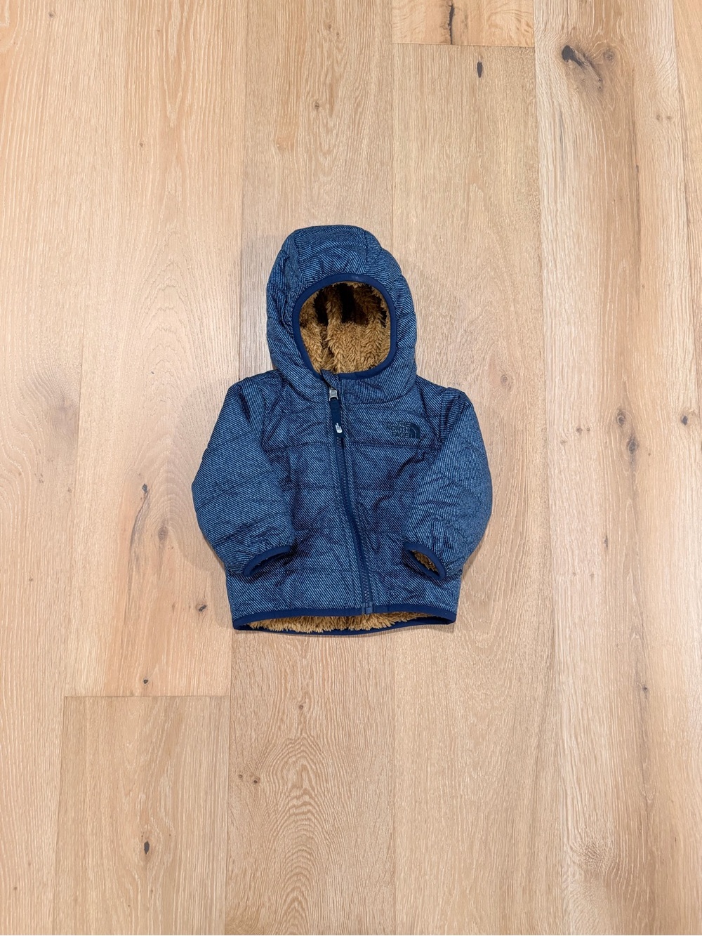 The North Face Kids Navy Hooded Puffer Jacket with Brown Fleece - Reversible